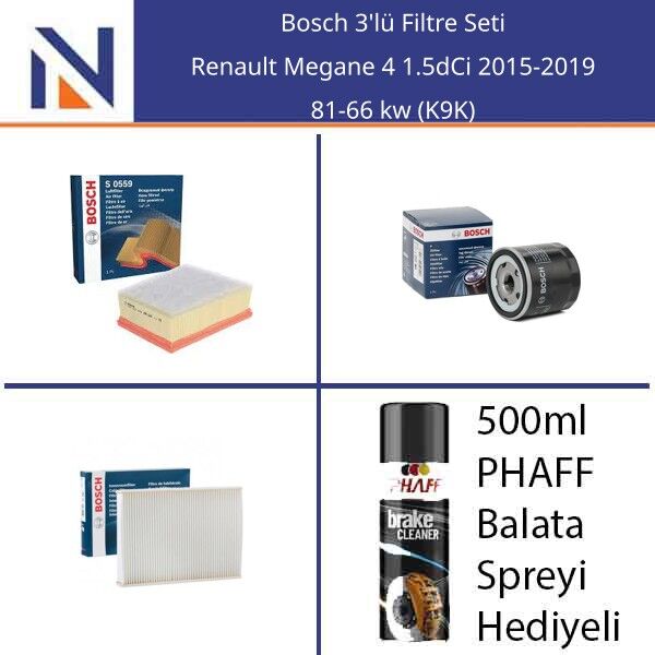 Renault Megane 4 1.5dCi 2015-2019 Bosch 3'lü Filtre Seti