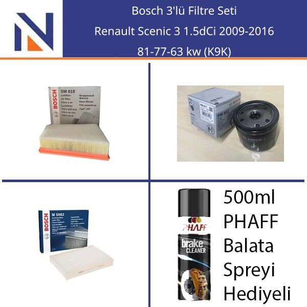 Renault Scenic 3 1.5dCi 2009-2016 Bosch 3'lü Filtre Seti