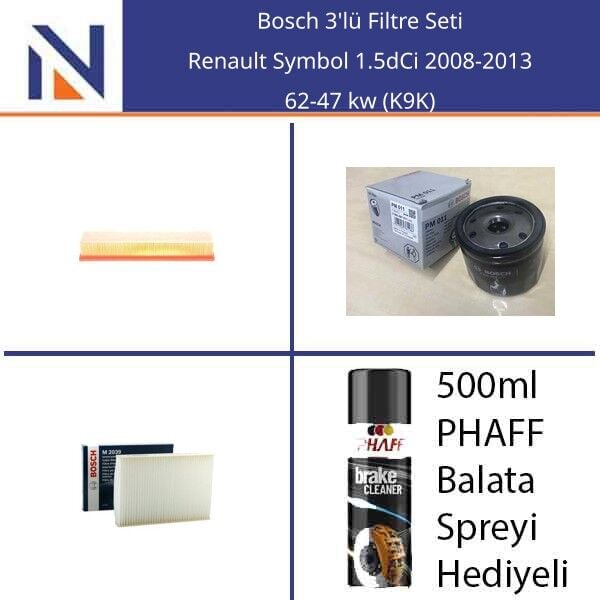 Renault Symbol 1.5dCi 2008-2013 Bosch 3'lü Filtre Seti