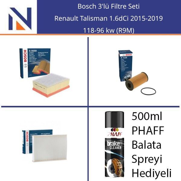 Renault Talisman 1.6dCi 2015-2019 Bosch 3'lü Filtre Seti
