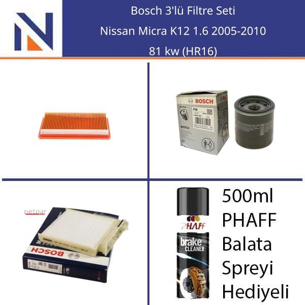 Nissan Micra K12 1.6 2005-2010 Bosch 3'lü Filtre Seti
