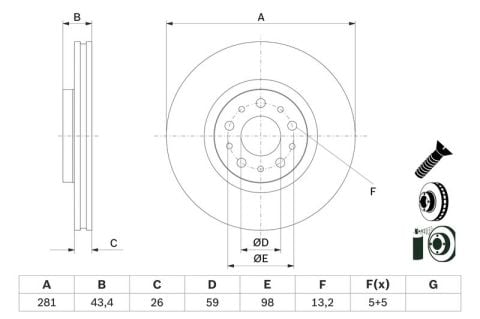 Fiat Egea Cross 1.6Mjet 2021-2025 Bosch Ön Disk 281mm 2 Adet