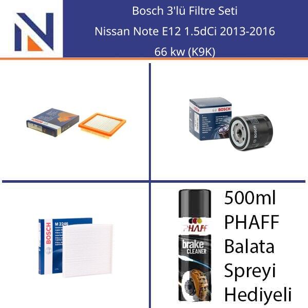 Nissan Note E12 1.5dCi 2013-2016 Bosch 3'lü Filtre Seti