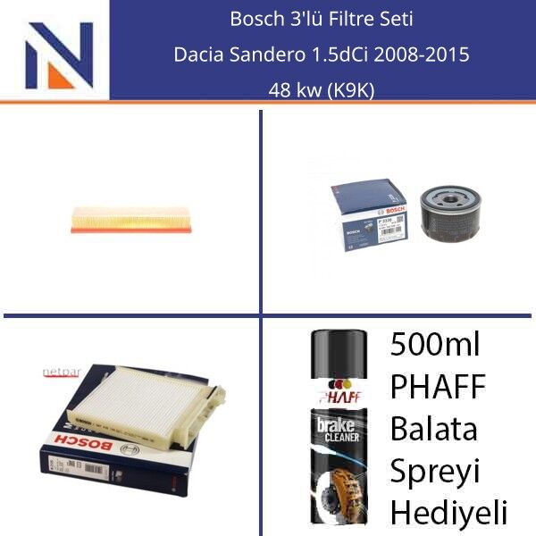 Dacia Sandero 1.5dCi 2008-2015 Bosch 3'lü Filtre Seti