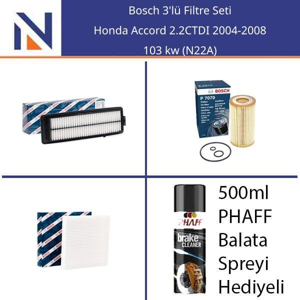 Honda Accord 2.2CTDI 2004-2008 Bosch 3'lü Filtre Seti
