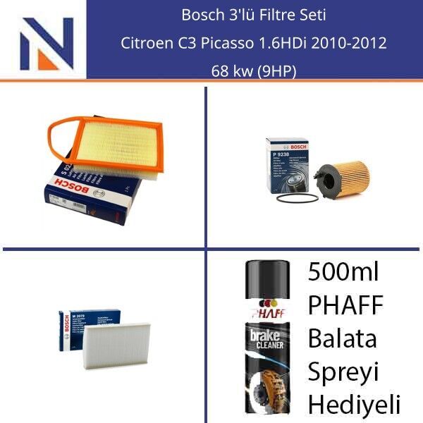 Citroen C3 Picasso 1.6HDi 2010-2012 Bosch 3'lü Filtre Seti