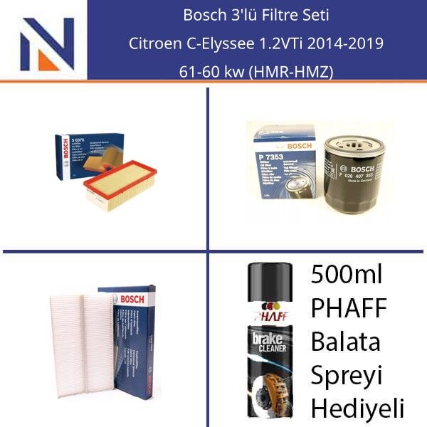 Citroen C-Elyssee 1.2VTi 2014-2019 Bosch 3'lü Filtre Seti