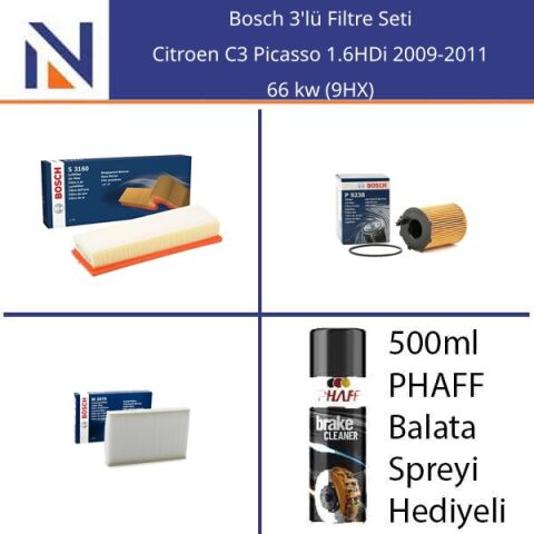 Citroen C3 Picasso 1.6HDi 2009-2011 Bosch 3'lü Filtre Seti