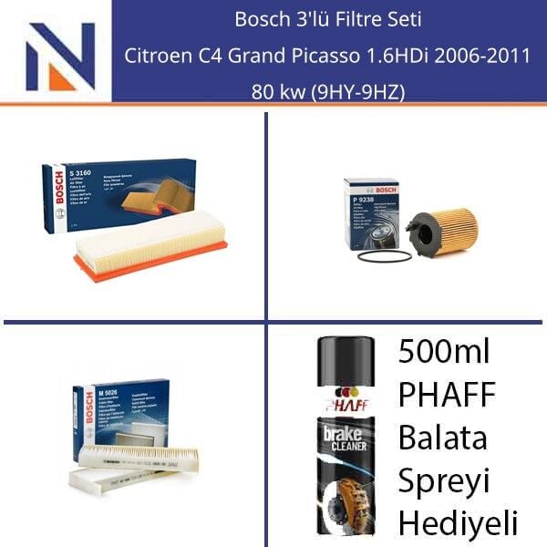 Citroen C4 Grand Picasso 1.6HDi 2006-2011 Bosch 3'lü Filtre Seti