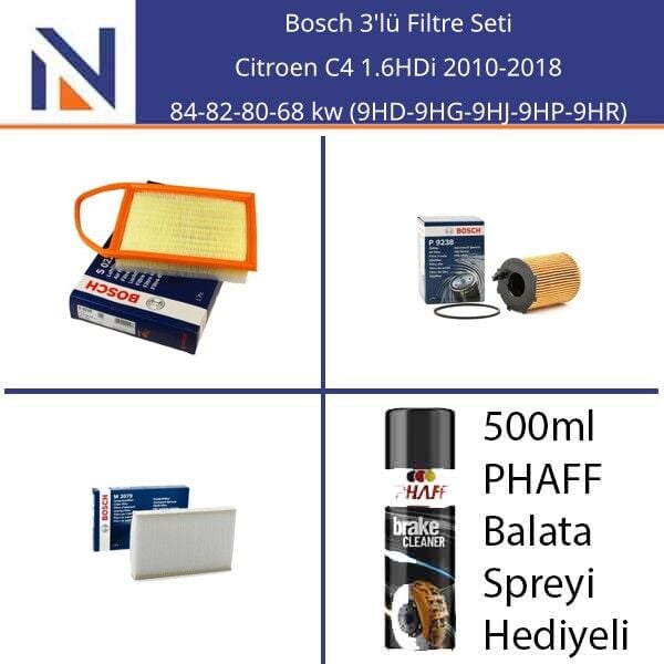 Citroen C4 1.6HDi 2010-2018 Bosch 3'lü Filtre Seti