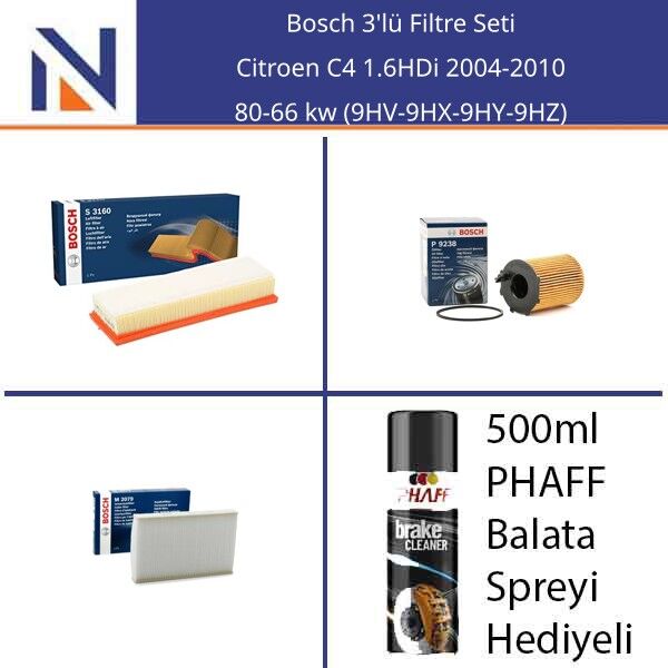 Citroen C4 1.6HDi 2004-2010 Bosch 3'lü Filtre Seti