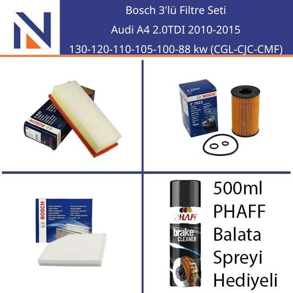 Audi A4 2.0TDI 2010-2015 Bosch 3'lü Filtre Seti