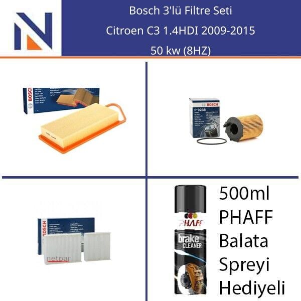 Citroen C3 1.4HDI 2009-2015 Bosch 3'lü Filtre Seti