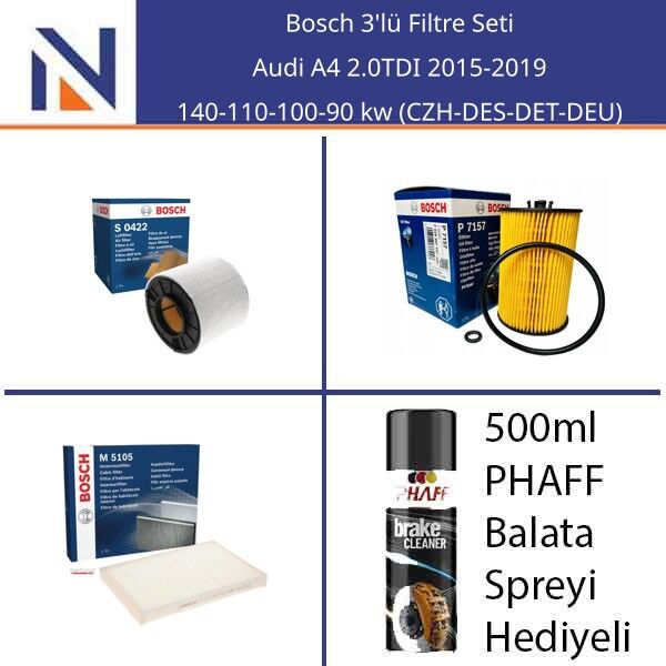 Audi A4 2.0TDI 2015-2019 Bosch 3'lü Filtre Seti
