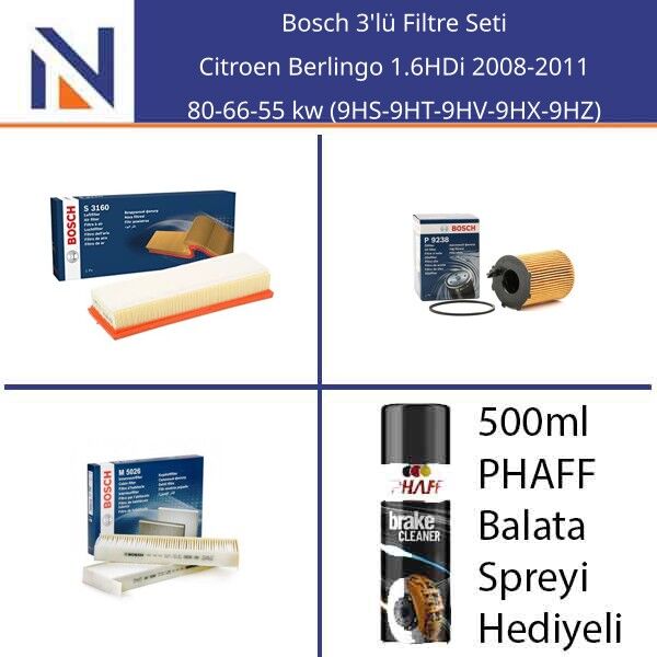 Citroen Berlingo 1.6HDi 2008-2011 Bosch 3'lü Filtre Seti