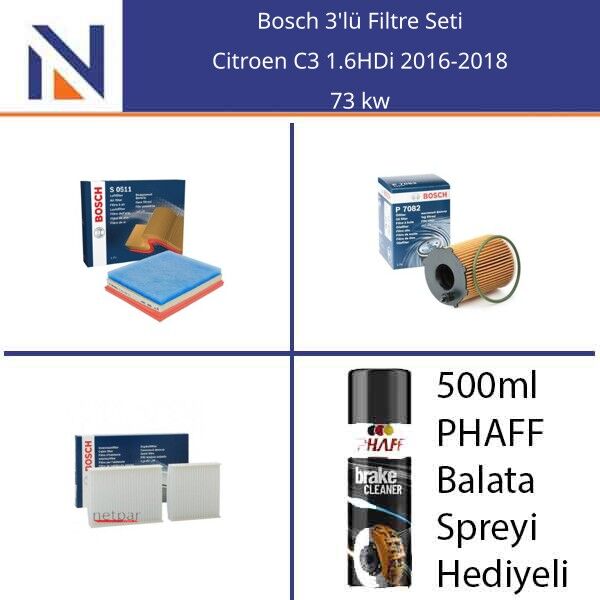 Citroen C3 1.6HDi 2016-2018 Bosch 3'lü Filtre Seti