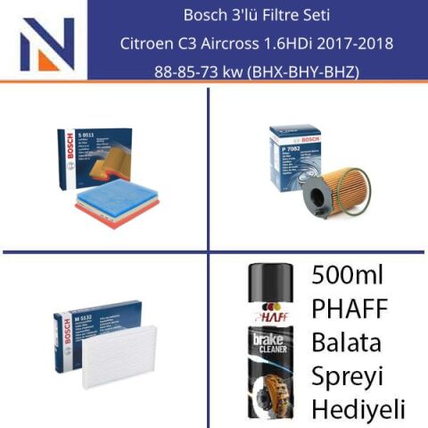 Citroen C3 Aircross 1.6HDi 2017-2018 Bosch 3'lü Filtre Seti