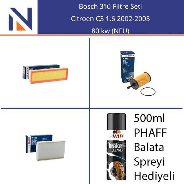 Citroen C3 1.6 2002-2005 Bosch 3'lü Filtre Seti