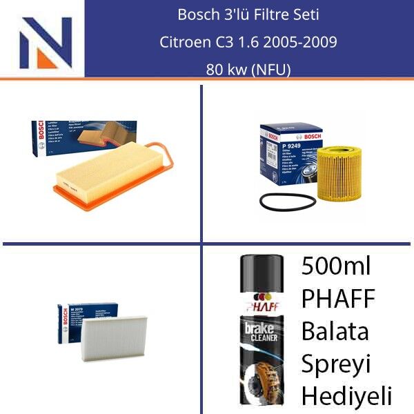 Citroen C3 1.6 2005-2009 Bosch 3'lü Filtre Seti