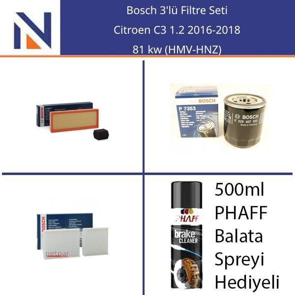 Citroen C3 1.2 2016-2018 Bosch 3'lü Filtre Seti