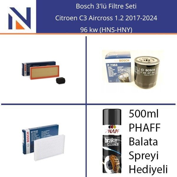 Citroen C3 Aircross 1.2 2017-2024 Bosch 3'lü Filtre Seti