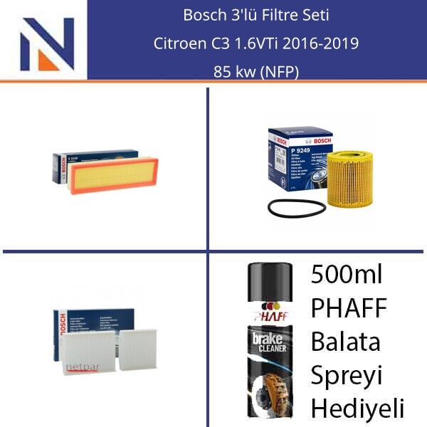 Citroen C3 1.6VTi 2016-2019 Bosch 3'lü Filtre Seti