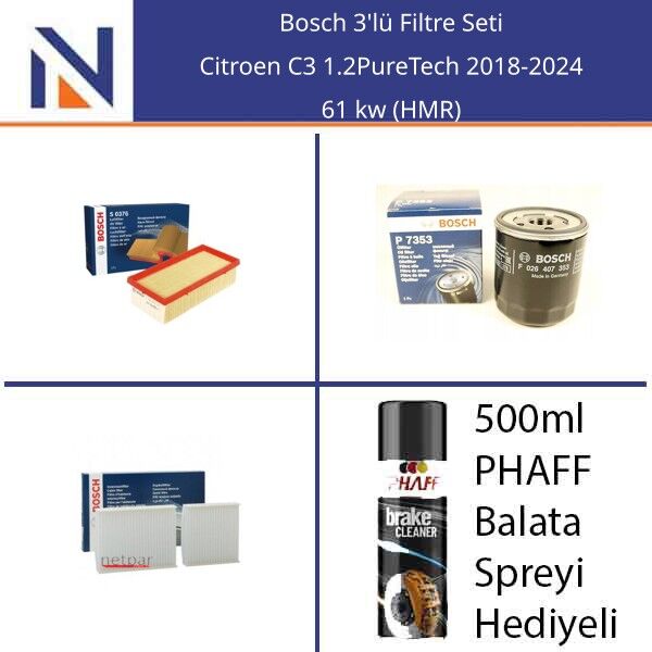 Citroen C3 1.2PureTech 2018-2024 Bosch 3'lü Filtre Seti