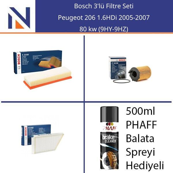 Peugeot 206 1.6HDi 2005-2007 Bosch 3'lü Filtre Seti