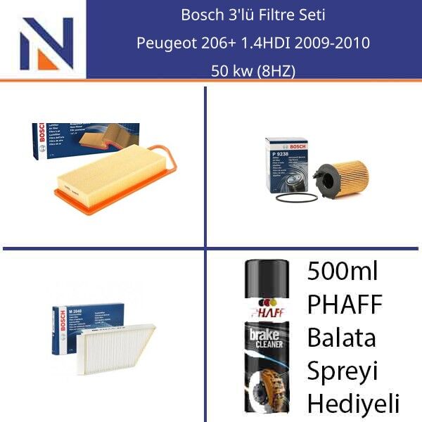 Peugeot 206+ 1.4HDI 2009-2010 Bosch 3'lü Filtre Seti