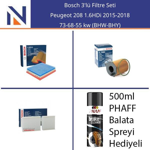 Peugeot 208 1.6HDi 2015-2018 Bosch 3'lü Filtre Seti