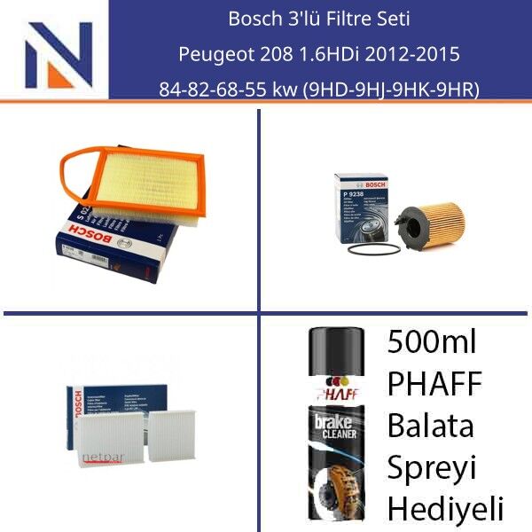 Peugeot 208 1.6HDi 2012-2015 Bosch 3'lü Filtre Seti