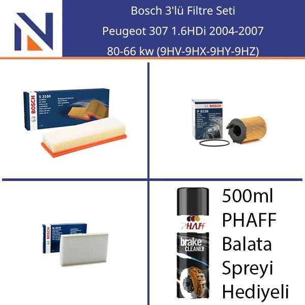 Peugeot 307 1.6HDi 2004-2007 Bosch 3'lü Filtre Seti
