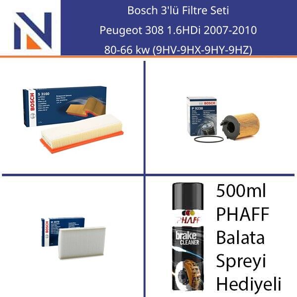 Peugeot 308 1.6HDi 2007-2010 Bosch 3'lü Filtre Seti