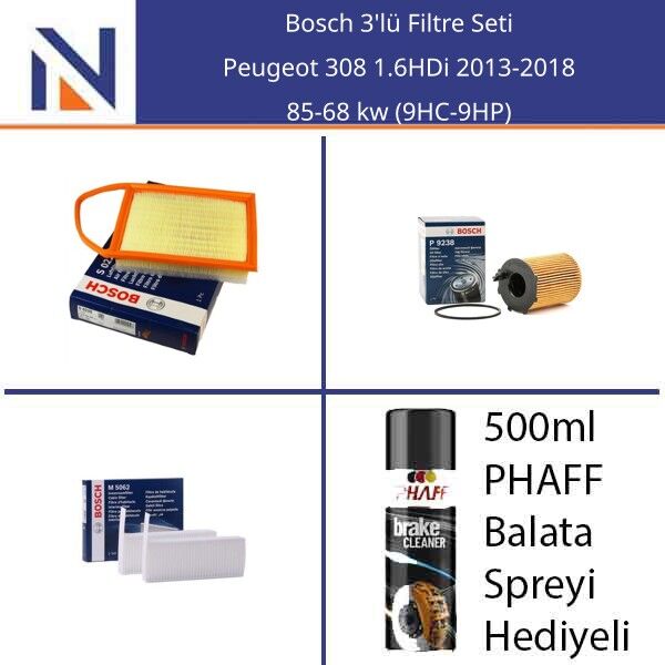 Peugeot 308 1.6HDi 2013-2018 Bosch 3'lü Filtre Seti