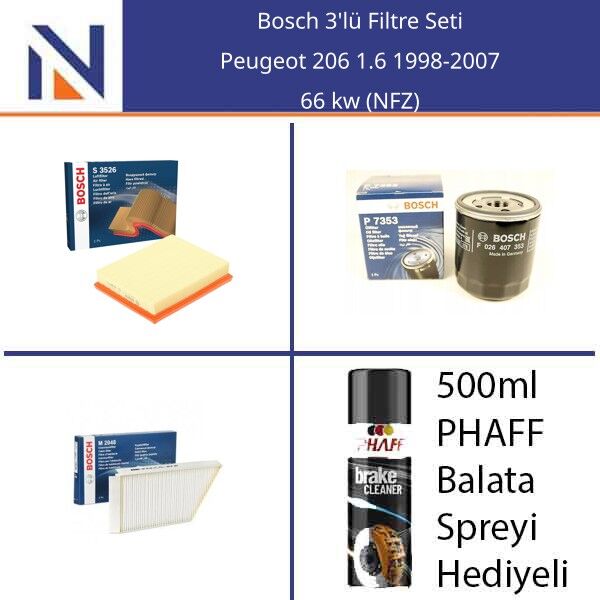 Peugeot 206 1.6 1998-2007 Bosch 3'lü Filtre Seti
