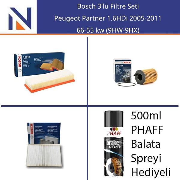 Peugeot Partner 1.6HDi 2005-2011 Bosch 3'lü Filtre Seti