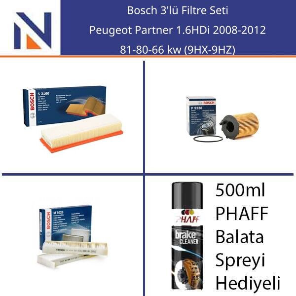 Peugeot Partner 1.6HDi 2008-2012 Bosch 3'lü Filtre Seti