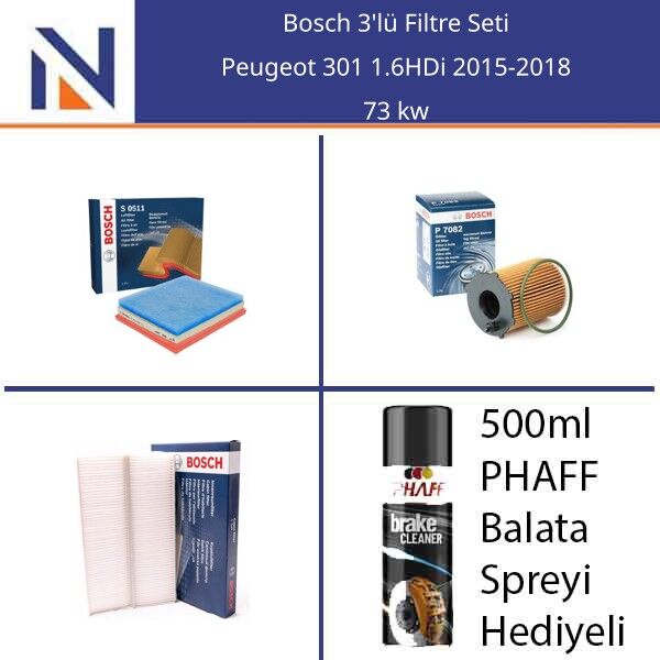 Peugeot 301 1.6HDi 2015-2018 Bosch 3'lü Filtre Seti