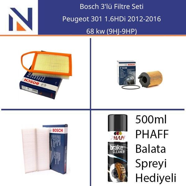 Peugeot 301 1.6HDi 2012-2016 Bosch 3'lü Filtre Seti