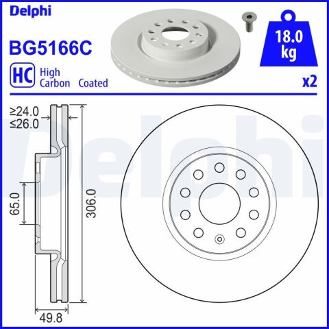 Audi A3 30TFSI 1.0 81 kw 2020-2021 Delphi Ön Disk 306mm NETPAR166C 2 Adet (DLA)