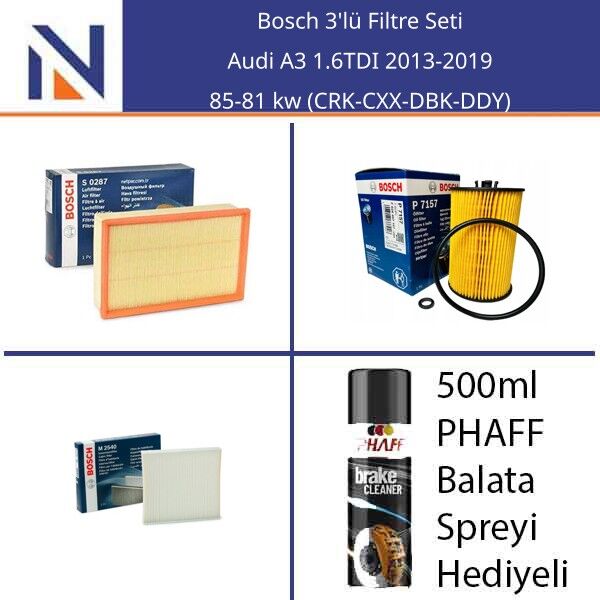 Audi A3 1.6TDI 2013-2019 Bosch 3'lü Filtre Seti