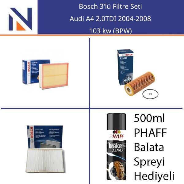 Audi A4 2.0TDI 2004-2008 Bosch 3'lü Filtre Seti