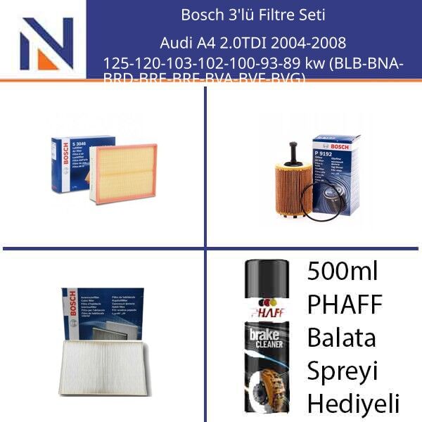 Audi A4 2.0TDI 2004-2008 Bosch 3'lü Filtre Seti