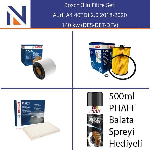 Audi A4 40TDI 2.0 2018-2020 Bosch 3'lü Filtre Seti
