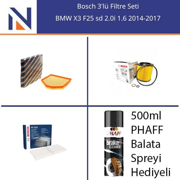 BMW X3 F25 sd 2.0i 1.6 2014-2017 Bosch 3'lü Filtre Seti