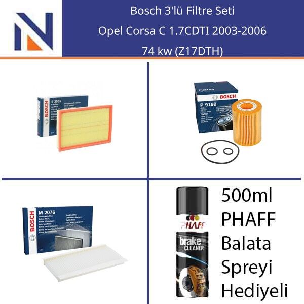 Opel Corsa C 1.7CDTI 2003-2006 Bosch 3'lü Filtre Seti