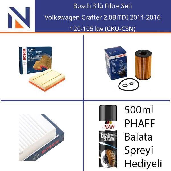 Volkswagen Crafter 2.0BiTDI 2011-2016 Bosch 3'lü Filtre Seti