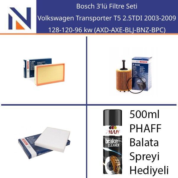 Volkswagen Transporter T5 2.5TDI 2003-2009 Bosch 3'lü Filtre Seti
