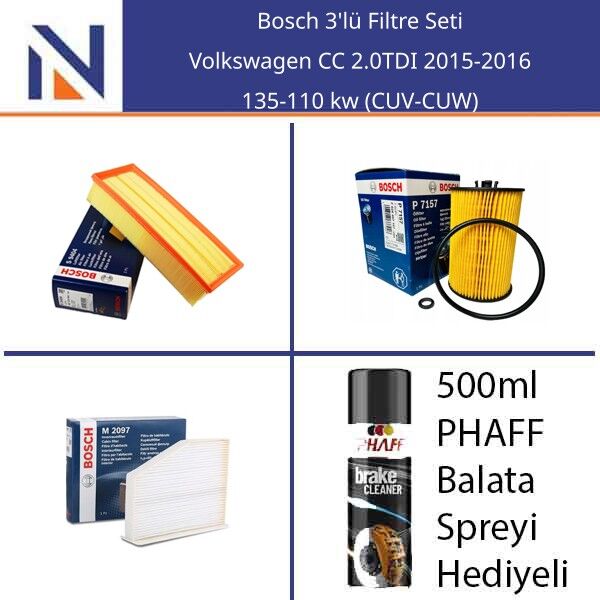 Volkswagen CC 2.0TDI 2015-2016 Bosch 3'lü Filtre Seti