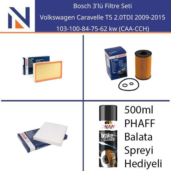 Volkswagen Caravelle T5 2.0TDI 2009-2015 Bosch 3'lü Filtre Seti
